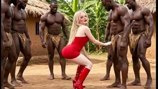 Stoute blonde Latina bezoekt beroemde Afrikaanse sekstoerisme-stam in Kenia: ze namen haar allemaal te grazen, verwoestten haar grote kut en vulden haar met het sperma van BBC met hun enorme zwarte lullen [AI gegenereerd]