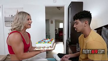 Blonde stepmother working on stepson’s hard cock in the kitchen – Madison Brite